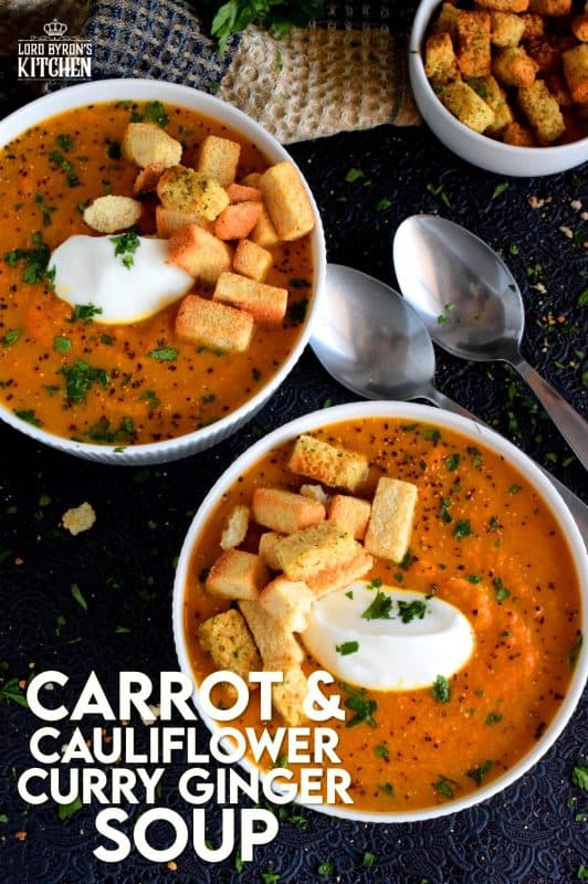 Warm and comforting, Roasted Carrot and Cauliflower Curry Ginger Soup is thick and creamy without the addition of dairy. This is one of those soups that are good for you, but you won't care, because it is just so delicious! #cauliflower #curry #roasted #soup #soupson