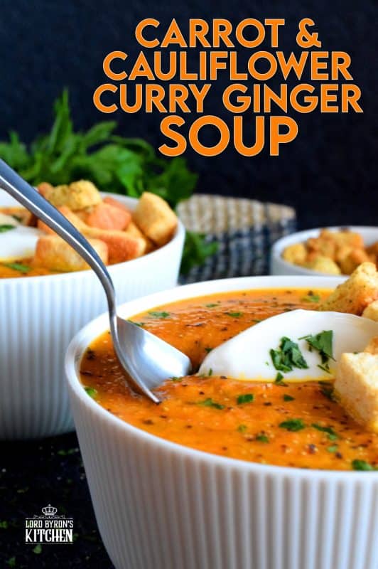 Warm and comforting, Roasted Carrot and Cauliflower Curry Ginger Soup is thick and creamy without the addition of dairy. This is one of those soups that are good for you, but you won't care, because it is just so delicious! #cauliflower #curry #roasted #soup #soupson