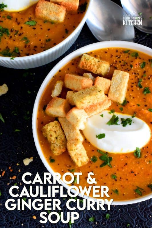 Warm and comforting, Roasted Carrot and Cauliflower Curry Ginger Soup is thick and creamy without the addition of dairy. This is one of those soups that are good for you, but you won't care, because it is just so delicious! #cauliflower #curry #roasted #soup #soupson