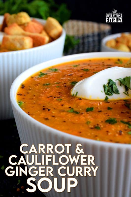 Warm and comforting, Roasted Carrot and Cauliflower Curry Ginger Soup is thick and creamy without the addition of dairy. This is one of those soups that are good for you, but you won't care, because it is just so delicious! #cauliflower #curry #roasted #soup #soupson