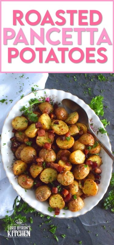 Fast, easy, simple, and delicious is how I would describe these Roasted Pancetta Potatoes. Great for brunch or breakfast, but also a great side dish to a main for dinner. The potatoes are perfectly roasted with a soft, steaming hot interior and a browned, slightly salty and savoury exterior - who wouldn't love that!? #pancetta #roastedpotatoes #potatoes #sidedish