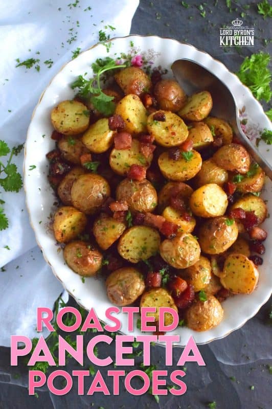 Fast, easy, simple, and delicious is how I would describe these Roasted Pancetta Potatoes. Great for brunch or breakfast, but also a great side dish to a main for dinner. The potatoes are perfectly roasted with a soft, steaming hot interior and a browned, slightly salty and savoury exterior - who wouldn't love that!? #pancetta #roastedpotatoes #potatoes #sidedish