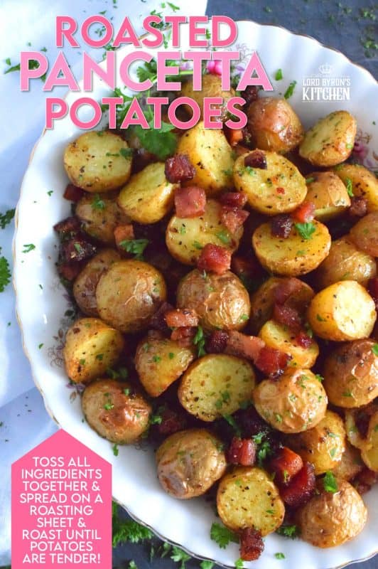 Fast, easy, simple, and delicious is how I would describe these Roasted Pancetta Potatoes. Great for brunch or breakfast, but also a great side dish to a main for dinner. The potatoes are perfectly roasted with a soft, steaming hot interior and a browned, slightly salty and savoury exterior - who wouldn't love that!? #pancetta #roastedpotatoes #potatoes #sidedish