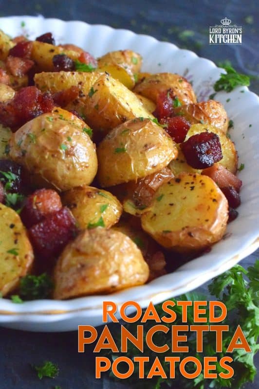 Fast, easy, simple, and delicious is how I would describe these Roasted Pancetta Potatoes. Great for brunch or breakfast, but also a great side dish to a main for dinner. The potatoes are perfectly roasted with a soft, steaming hot interior and a browned, slightly salty and savoury exterior - who wouldn't love that!? #pancetta #roastedpotatoes #potatoes #sidedish