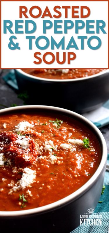 Roasting vegetables intensifies flavour and brings out their natural sweetness. The charred bits will add smokiness and a homestyle flair. It's certainly evident in this Roasted Red Pepper and Tomato Soup! This delicious soup is super thick and hearty; and easy to prepare too! #roasted #redpepper #bellpepper #soup