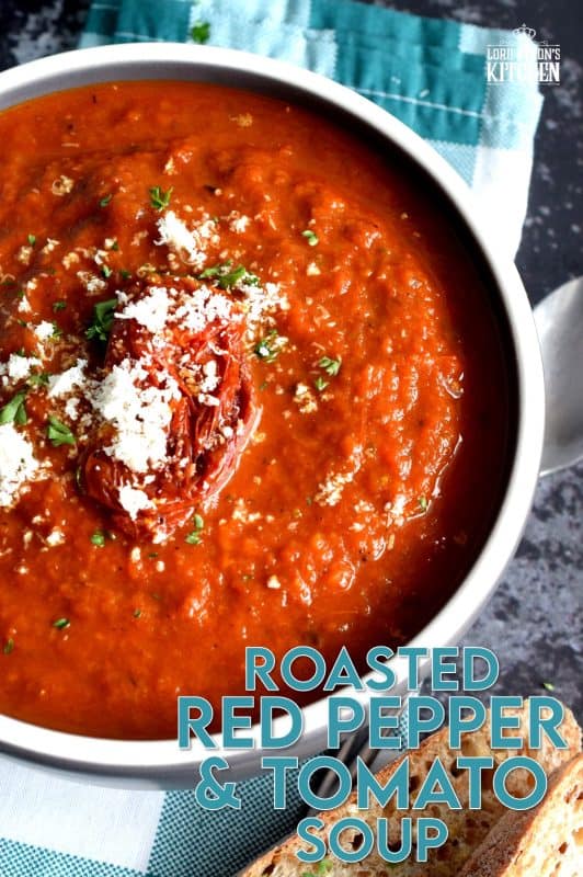 Roasting vegetables intensifies flavour and brings out their natural sweetness. The charred bits will add smokiness and a homestyle flair. It's certainly evident in this Roasted Red Pepper and Tomato Soup! This delicious soup is super thick and hearty; and easy to prepare too! #roasted #redpepper #bellpepper #soup
