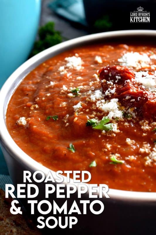 Roasting vegetables intensifies flavour and brings out their natural sweetness. The charred bits will add smokiness and a homestyle flair. It's certainly evident in this Roasted Red Pepper and Tomato Soup! This delicious soup is super thick and hearty; and easy to prepare too! #roasted #redpepper #bellpepper #soup