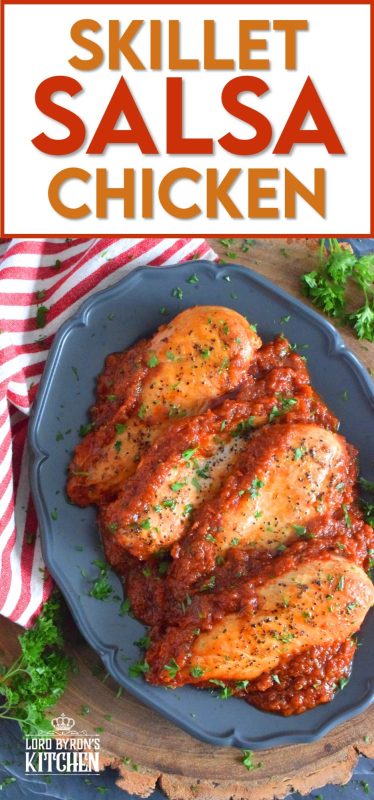 Supper in a hurry just got a whole lot easier! And, as an added bonus, there's very little clean up too! Skillet Salsa Chicken is ready in thirty minutes, uses only one pan, and is simple delicious. Use your favourite salsa to make this quick and easy chicken dinner! #30minutemeals #chicken #salsa #chickenbreast #skilletmeals