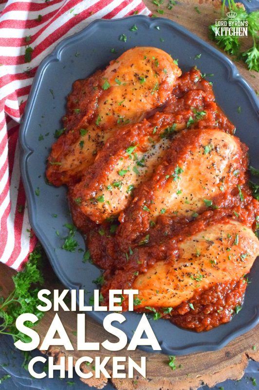 Supper in a hurry just got a whole lot easier! And, as an added bonus, there's very little clean up too! Skillet Salsa Chicken is ready in thirty minutes, uses only one pan, and is simple delicious. Use your favourite salsa to make this quick and easy chicken dinner! #30minutemeals #chicken #salsa #chickenbreast #skilletmeals
