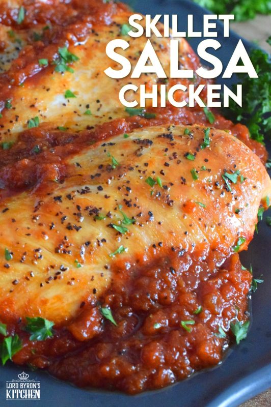 Supper in a hurry just got a whole lot easier! And, as an added bonus, there's very little clean up too! Skillet Salsa Chicken is ready in thirty minutes, uses only one pan, and is simple delicious. Use your favourite salsa to make this quick and easy chicken dinner! #30minutemeals #chicken #salsa #chickenbreast #skilletmeals