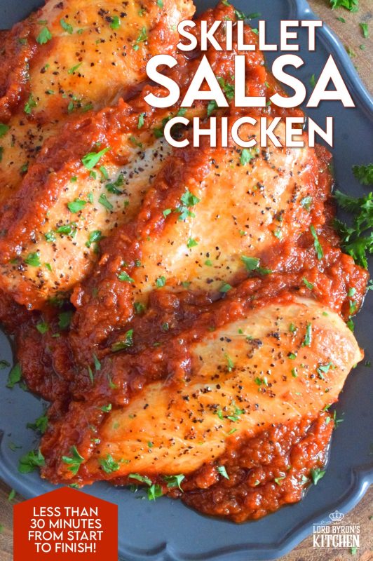 Supper in a hurry just got a whole lot easier! And, as an added bonus, there's very little clean up too! Skillet Salsa Chicken is ready in thirty minutes, uses only one pan, and is simple delicious. Use your favourite salsa to make this quick and easy chicken dinner! #30minutemeals #chicken #salsa #chickenbreast #skilletmeals