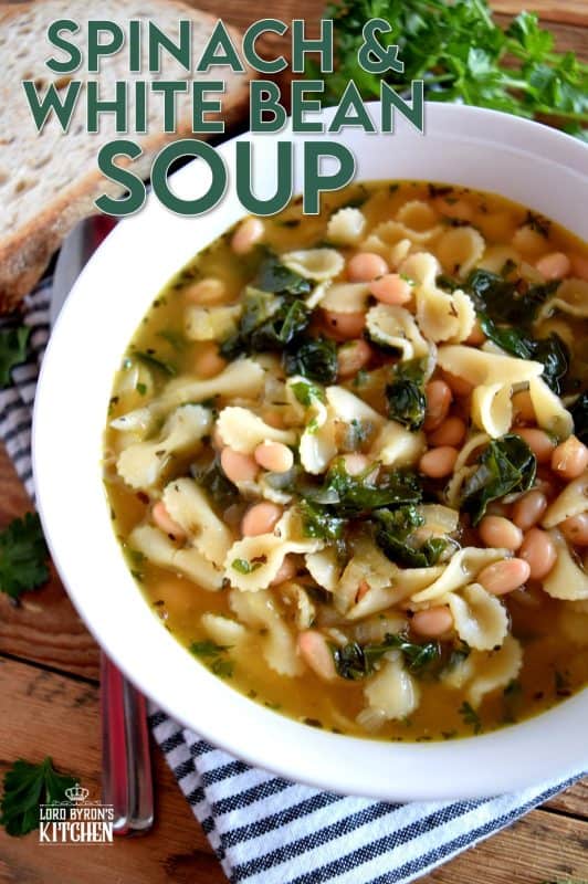Delicious, hearty, and full of nutritious ingredients – Spinach and White Bean Soup is good for you and has just the right balance of vegetables, protein, and carbohydrates. A well rounded, feel-good, dinner for all! #soup #beansoup #spinach #vegetarian #vegetariansoup #meatlessmonday