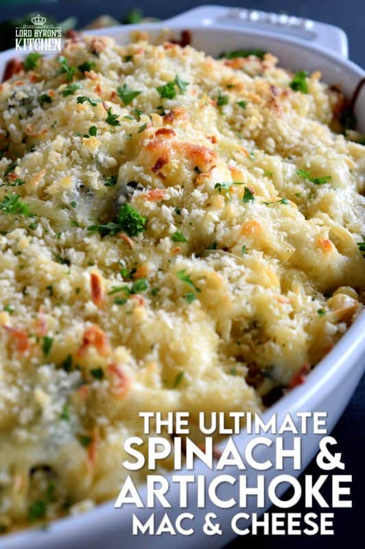 There's nothing wrong with regular mac and cheese, but it simply cannot compare to this Ultimate Spinach and Artichoke Mac and Cheese! It is the cheesiest and the creamiest, with a crispy, crunchy crumb topping. Make no mistake, this cannot be found in a box at the grocer! #spinach #macandcheese #artichoke