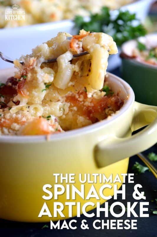 There's nothing wrong with regular mac and cheese, but it simply cannot compare to this Ultimate Spinach and Artichoke Mac and Cheese! It is the cheesiest and the creamiest, with a crispy, crunchy crumb topping. Make no mistake, this cannot be found in a box at the grocer! #spinach #macandcheese #artichoke