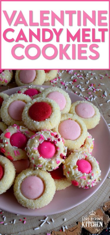 Similar to a classic thumbprint cookie, these valentine cookies use candy melts instead of jam. Makes a great valentine treat for that special someone! #valentine #pink #cookies #candy #melts @wilton