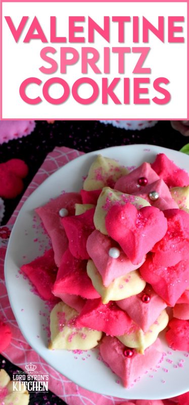 Valentine Spritz Cookies are bright, cheerful, and will bring a smile to anyone's face. These are so easy to make and so delicious too! Break out your sprinkles and have some fun!! #valentinebaking #valentinecookies #pinkrecipes #spritzcookies #cookies #valentinetreats