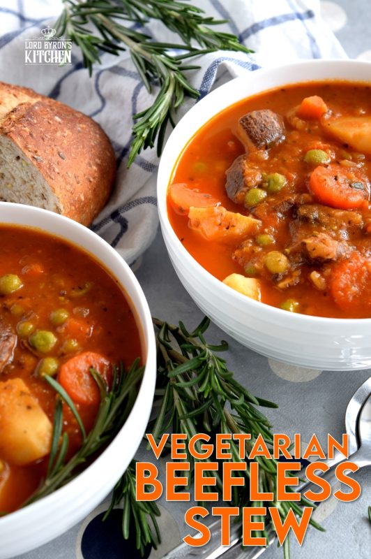 Substituting stewing beef with chunky mushrooms is a great way to make Vegetarian Beefless Stew. Use hearty mushrooms, like creminis, for best results. It's so delicious and so hearty, everyone will love it - even the meat lover in your family! #vegetarian #beefless #meatless #beef #stew #soup