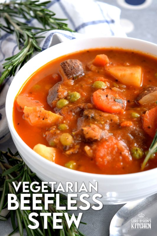 Substituting stewing beef with chunky mushrooms is a great way to make Vegetarian Beefless Stew. Use hearty mushrooms, like creminis, for best results. It's so delicious and so hearty, everyone will love it - even the meat lover in your family! #vegetarian #beefless #meatless #beef #stew #soup