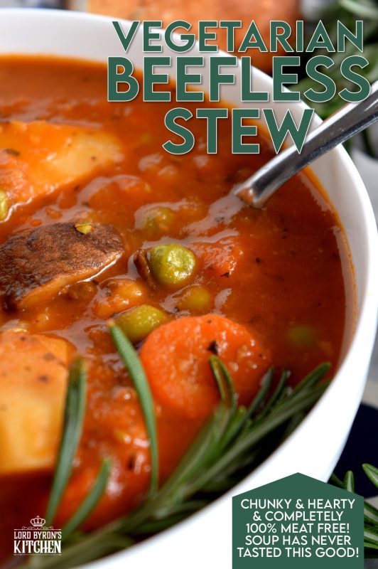 Substituting stewing beef with chunky mushrooms is a great way to make Vegetarian Beefless Stew. Use hearty mushrooms, like creminis, for best results. It's so delicious and so hearty, everyone will love it - even the meat lover in your family! #vegetarian #beefless #meatless #beef #stew #soup