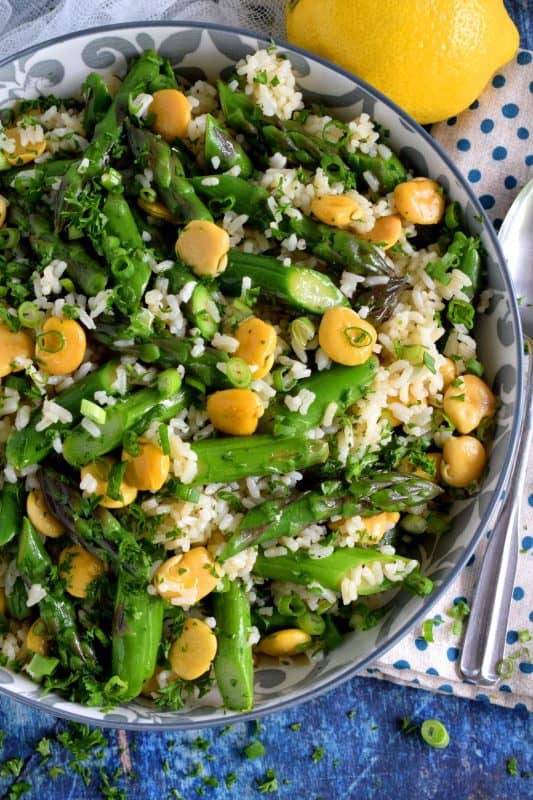 A delicious side salad, yet hearty enough to be a complete meal. Made with asparagus and canned beans, this dish is great served cold or at room temperature! #asparagus #lupini #bean #rice #salad #summer #picnic #backyard