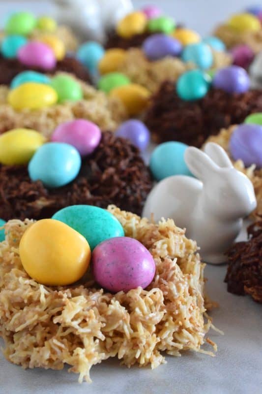 Prepared with healthy shredded wheat, so there's no need to feel guilty about eating the chocolate! Chocolate Easter Egg Nests are a no-bake confection that takes less than 10 minutes of your time, and are totally fun to make and even more fun to eat. #nobake #easter #nests #eggs #M&M #candy #cereal