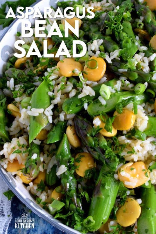 A delicious side salad, yet hearty enough to be a complete meal. Made with asparagus and canned beans, this dish is great served cold or at room temperature! #asparagus #lupini #bean #rice #salad #summer #picnic #backyard