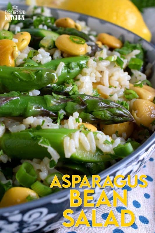 A delicious side salad, yet hearty enough to be a complete meal. Made with asparagus and canned beans, this dish is great served cold or at room temperature! #asparagus #lupini #bean #rice #salad #summer #picnic #backyard