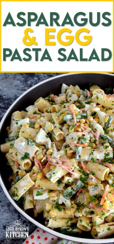 Served cold or at room temperature, Asparagus and Egg Pasta Salad is a dish best served in late spring or early summer when fresh asparagus is readily available. Bring this dish to your next picnic or potluck and you'll surely be the belle of the ball! #asparagus #egg #salad #pasta #fresh #picnic #summer #potluck