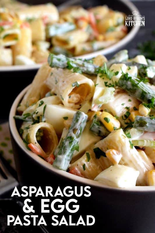 Served cold or at room temperature, Asparagus and Egg Pasta Salad is a dish best served in late spring or early summer when fresh asparagus is readily available. Bring this dish to your next picnic or potluck and you'll surely be the belle of the ball! #asparagus #egg #salad #pasta #fresh #picnic #summer #potluck