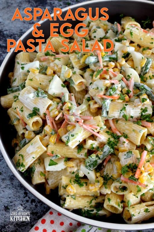 Served cold or at room temperature, Asparagus and Egg Pasta Salad is a dish best served in late spring or early summer when fresh asparagus is readily available. Bring this dish to your next picnic or potluck and you'll surely be the belle of the ball! #asparagus #egg #salad #pasta #fresh #picnic #summer #potluck