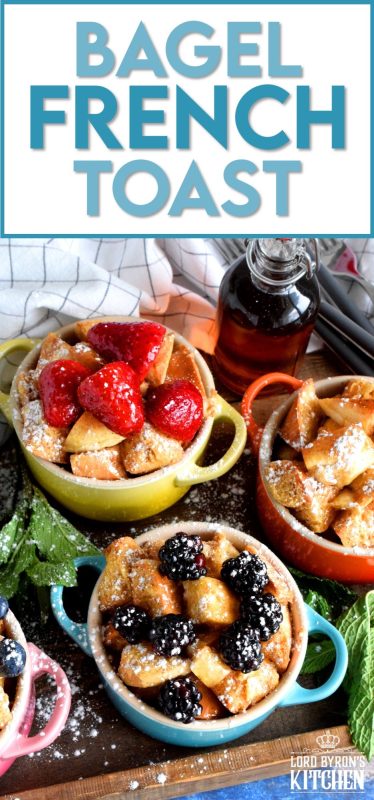 Individual Baked Bagel French Toast Pots are a classic, family style dish, which has been elevated to something special and unique. Try using bagels instead of bread for a whole new level of texture! #frenchtoast #bagels #frenchtoastbagels #breakfast #brunch #lecreuset
