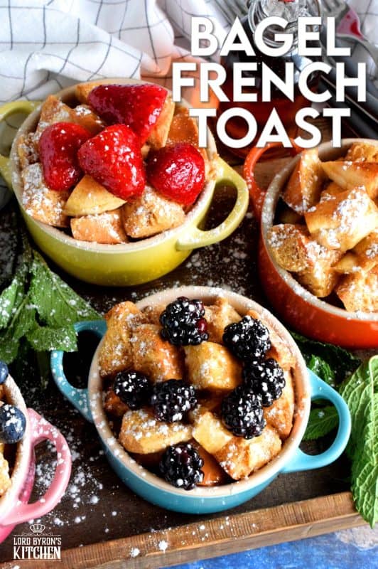 Individual Baked Bagel French Toast Pots are a classic, family style dish, which has been elevated to something special and unique. Try using bagels instead of bread for a whole new level of texture! #frenchtoast #bagels #frenchtoastbagels #breakfast #brunch #lecreuset
