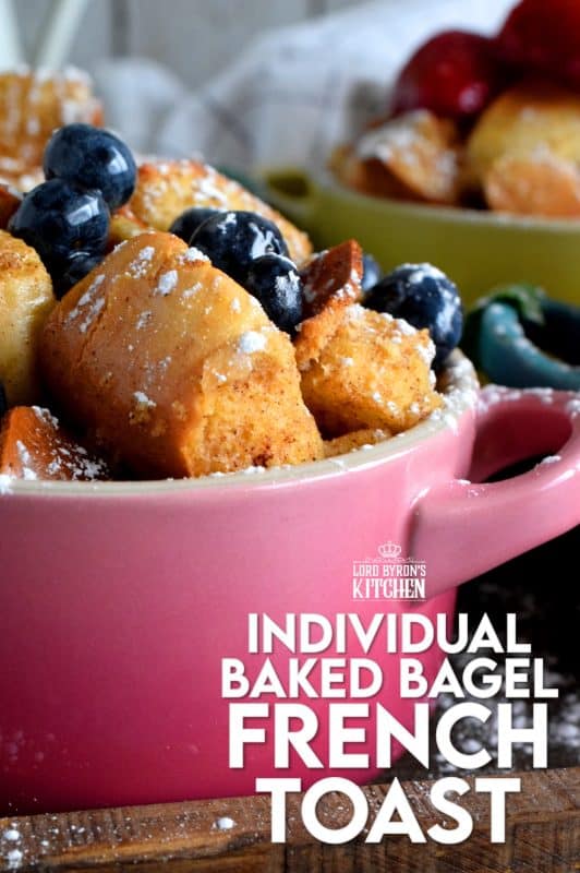 Individual Baked Bagel French Toast Pots are a classic, family style dish, which has been elevated to something special and unique. Try using bagels instead of bread for a whole new level of texture! #frenchtoast #bagels #frenchtoastbagels #breakfast #brunch #lecreuset