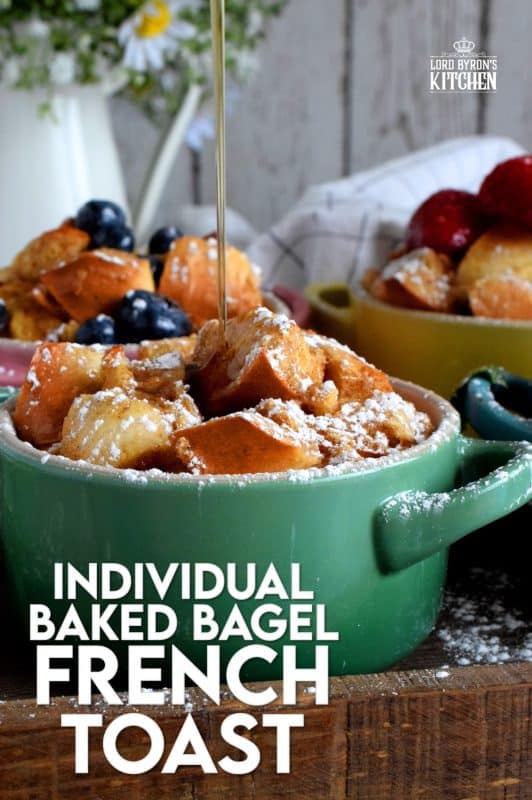 Individual Baked Bagel French Toast Pots are a classic, family style dish, which has been elevated to something special and unique. Try using bagels instead of bread for a whole new level of texture! #frenchtoast #bagels #frenchtoastbagels #breakfast #brunch #lecreuset