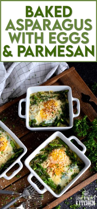 Simple, hearty, and delicious; individual portions make these Baked Asparagus with Eggs and Parmesan easy to serve and a little elegant too! This is exactly how I serve asparagus as a main! Dip some crusty bread in the soft yolks - it's scrumptious!! #baked #asparagus #egg #parmesan #brunch