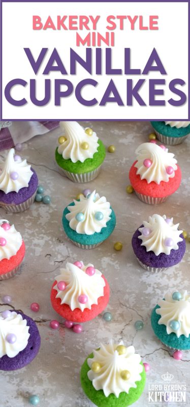 A classic vanilla cupcake recipe, which has been all gussied up for a delightful springtime affair; Bakery Style Mini Vanilla Cupcakes are super easy and fun to make without breaking the bank. #minicupcakes #bakerystyle #vanillacupcakes #birthdaycupcakes