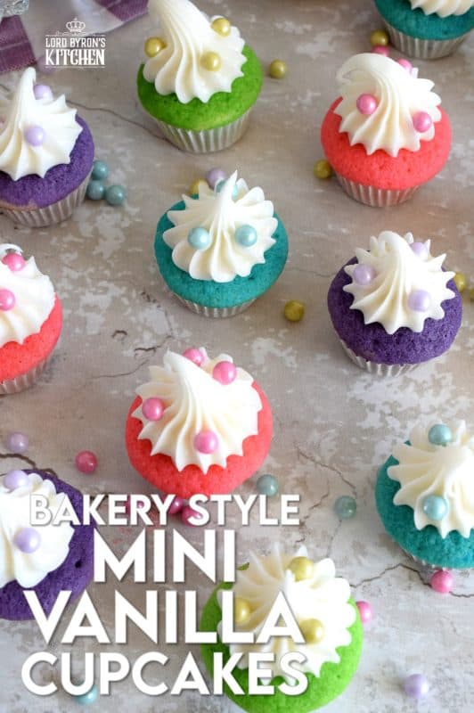 A classic vanilla cupcake recipe, which has been all gussied up for a delightful springtime affair; Bakery Style Mini Vanilla Cupcakes are super easy and fun to make without breaking the bank. #minicupcakes #bakerystyle #vanillacupcakes #birthdaycupcakes