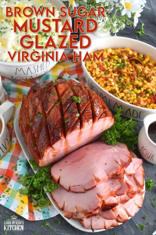 Take all of the guesswork out of preparing a large ham with this recipe! Brown Sugar Mustard Glazed Virginia Ham is easy to prepare and it looks incredible! This ham is perfectly baked, is moist and tender, and has a sweet and sticky glaze with just a little bite to it - you will hope for leftovers because this ham is too good to not have some the next day! #virginiaham #countryham #ham #glazedham #bakedham