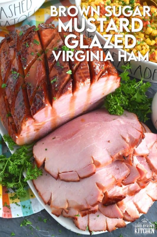 Take all of the guesswork out of preparing a large ham with this recipe! Brown Sugar Mustard Glazed Virginia Ham is easy to prepare and it looks incredible! This ham is perfectly baked, is moist and tender, and has a sweet and sticky glaze with just a little bite to it - you will hope for leftovers because this ham is too good to not have some the next day! #virginiaham #countryham #ham #glazedham #bakedham