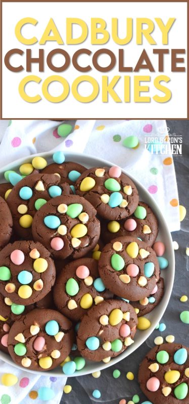 Cadbury Chocolate Cookies are slightly crispy on the outside, with a moist and dense chocolaty center. Stuffed with white chocolate chips and topped with chocolate mini eggs, these are substantial cookies, meaning that they are thick and filling. Great for dunking in a glass of cold milk too! #cadbury #minieggs #easter #cookies #chocolate