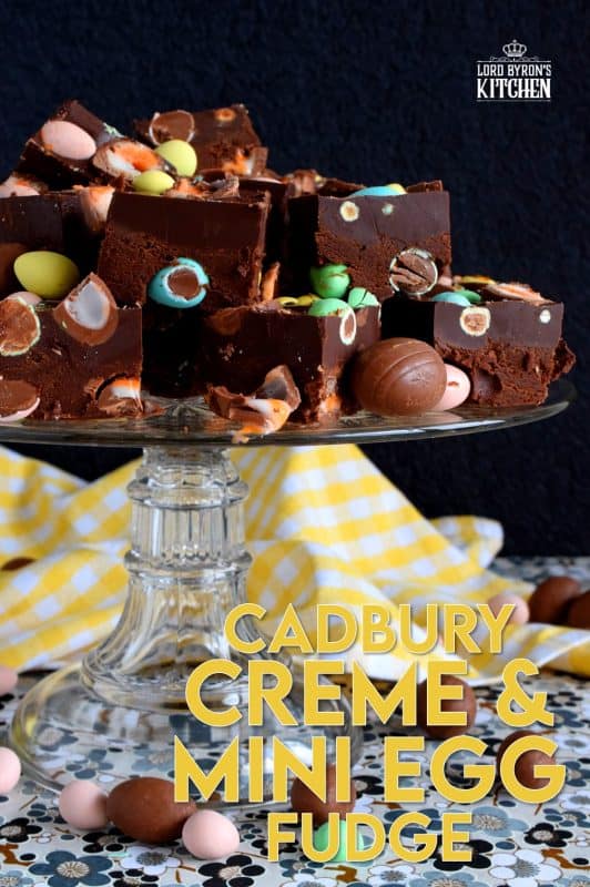 Cadbury Creme and Mini Egg Fudge is a dense chocolate fudge loaded with both creme eggs and mini eggs. It's an easy and perfect Easter chocolate indulgence. Try eating just one piece; I dare you! #fudge #easter #easterchocolate #cadbury #cremeeggs