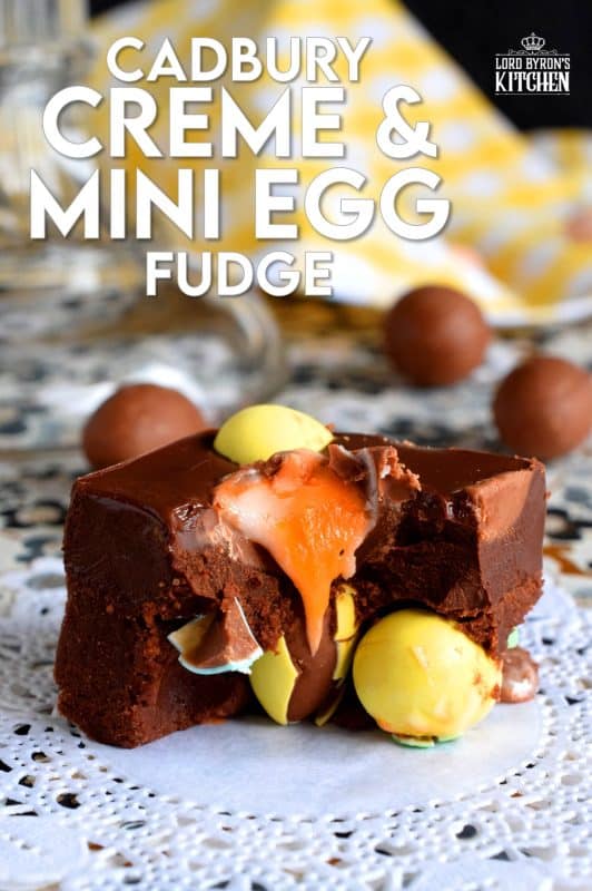 Cadbury Creme and Mini Egg Fudge is a dense chocolate fudge loaded with both creme eggs and mini eggs. It's an easy and perfect Easter chocolate indulgence. Try eating just one piece; I dare you! #fudge #easter #easterchocolate #cadbury #cremeeggs