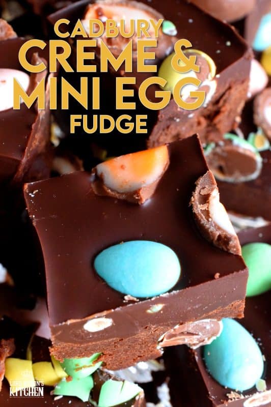 Cadbury Creme and Mini Egg Fudge is a dense chocolate fudge loaded with both creme eggs and mini eggs. It's an easy and perfect Easter chocolate indulgence. Try eating just one piece; I dare you! #fudge #easter #easterchocolate #cadbury #cremeeggs