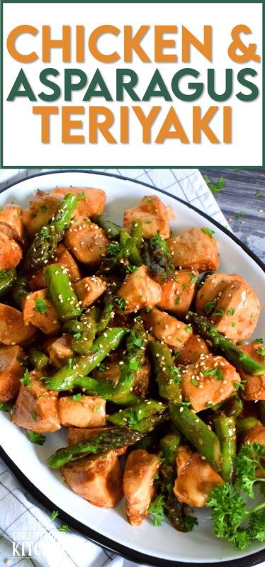 Seasoned boneless and skinless chicken breast pieces are pan-fried with fresh asparagus and in a quick, homemade teriyaki sauce. This is a healthy dinner that is both easy and delicious! #asparagus #chicken #teriyaki #sauce #stirfry #skillet #breasts