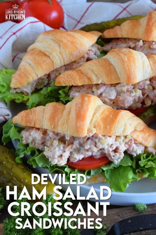 There's a time for the ease of store-bought thinly sliced deli meat, and then there's a time for a homemade deviled ham salad piled high onto fresh croissants with crisp, leafy lettuce, and thick slices of the brightest and freshest red tomatoes. So, do you want fast and easy, or do you want fast, easy, fresh, and delicious? #deviled #ham #croissant #hamsandwich #deviledham