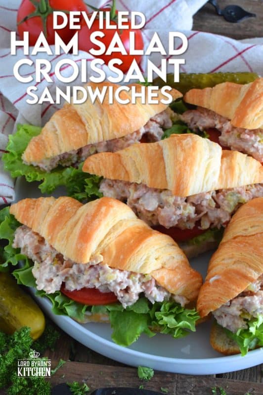 There's a time for the ease of store-bought thinly sliced deli meat, and then there's a time for a homemade deviled ham salad piled high onto fresh croissants with crisp, leafy lettuce, and thick slices of the brightest and freshest red tomatoes. So, do you want fast and easy, or do you want fast, easy, fresh, and delicious? #deviled #ham #croissant #hamsandwich #deviledham