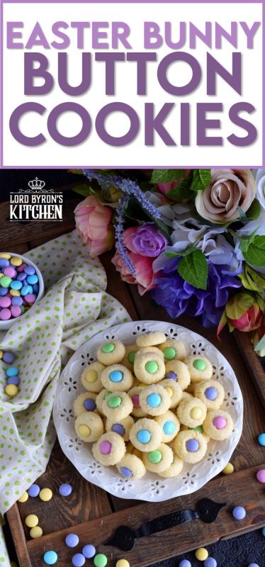 Miniature, one-bite cookies made with pastel candy centers. Easter Bunny Button Cookies are a great Easter gift idea, and can be easily packaged for gift-giving, or just save them all for yourself! Whatever you decide, a double batch just might be a good idea! #easter #bunny #cookies #candy #chocolate