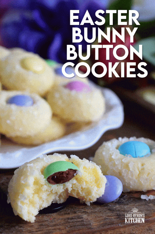 Miniature, one-bite cookies made with pastel candy centers. Easter Bunny Button Cookies are a great Easter gift idea, and can be easily packaged for gift-giving, or just save them all for yourself! Whatever you decide, a double batch just might be a good idea! #easter #bunny #cookies #candy #chocolate