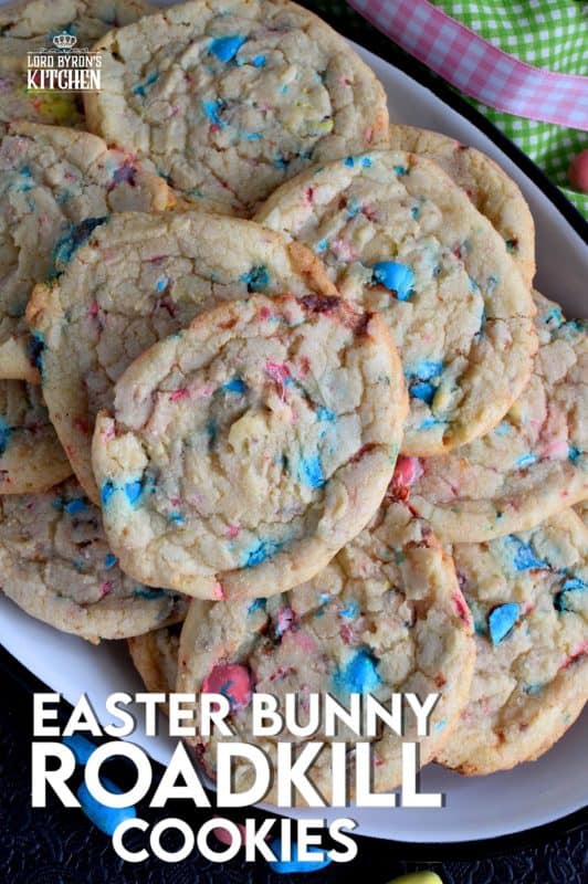 Spark conversation with this controversially named treat! This not-so-perfect chewy cookie with crispy edges is filled with chocolate malted balls. Prepare a batch of these Easter Bunny Roadkill Cookies and watch for reactions when you suggest that the Easter Bunny has been run over by a truck! #Easter #Bunny #roadkill #cookie #malted #chocolate #balls