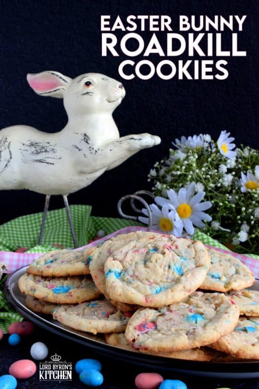 Spark conversation with this controversially named treat! This not-so-perfect chewy cookie with crispy edges is filled with chocolate malted balls. Prepare a batch of these Easter Bunny Roadkill Cookies and watch for reactions when you suggest that the Easter Bunny has been run over by a truck! #Easter #Bunny #roadkill #cookie #malted #chocolate #balls